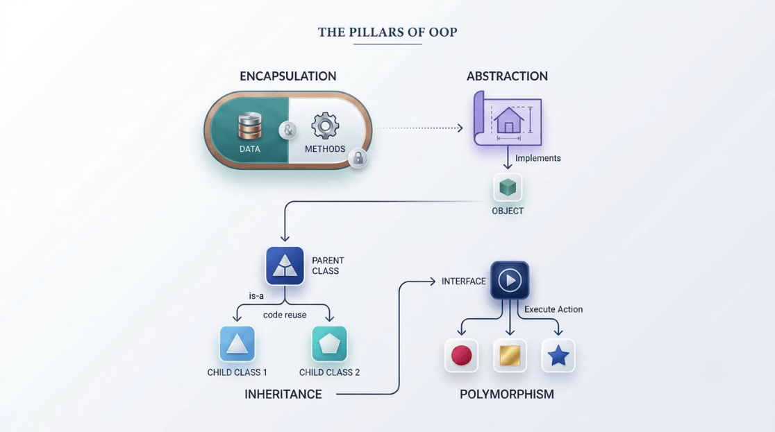 The 4 Pillars of OOPs in Python: Encapsulation, Abstraction, Inheritance & Polymorphism